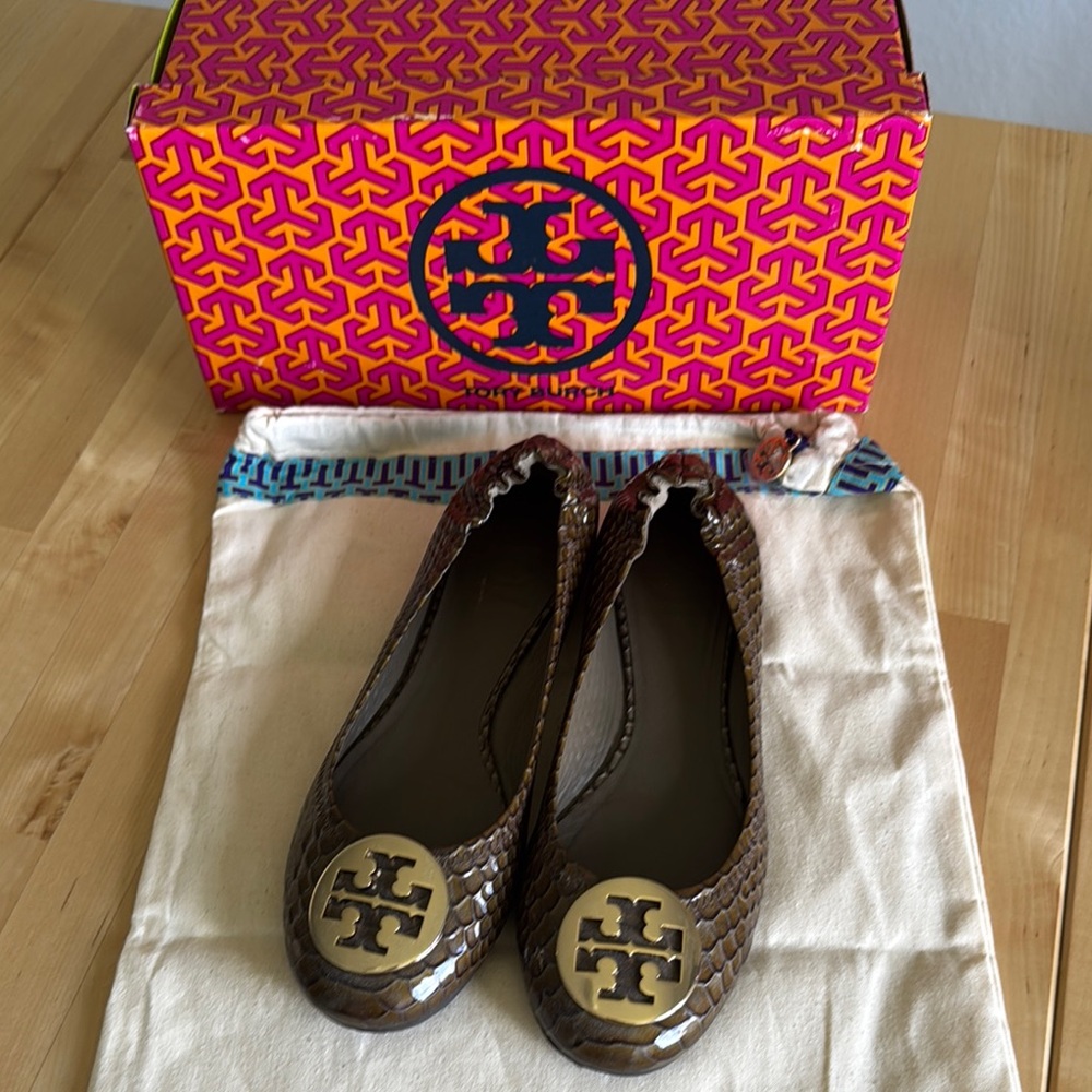 Tory Burch Brown Flats with Gold Logo